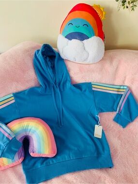 PJ Salvage Loungewear Rainbow Room Hoody Tranquil Blue Pastel Stripe Women’s M